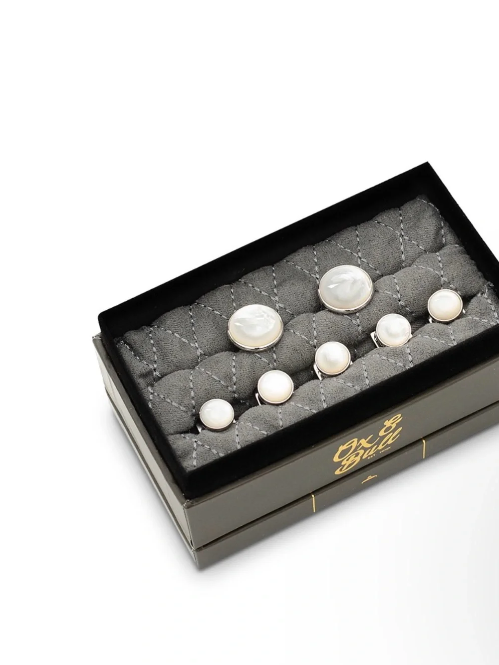 Mother of Pearl Inlay Rhodium Plated Round Stud and Cufflink Set